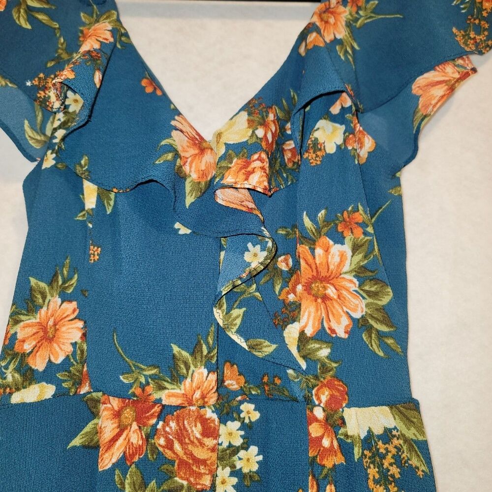 by & by Women's Floral Cold-Shoulder High-Low Teal Maxi Dress Size M Boho Ruffle - Picture 3 of 9